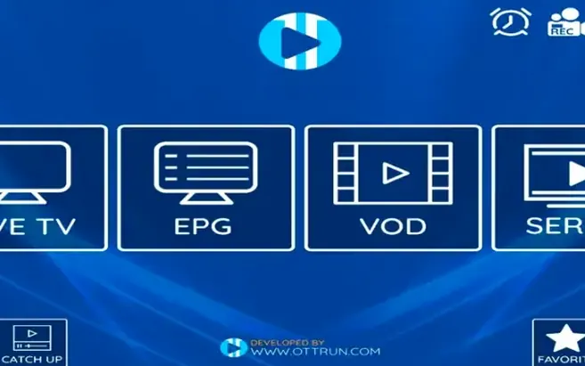 Interface de player IPTV com TV ao vivo, guia, filmes e séries