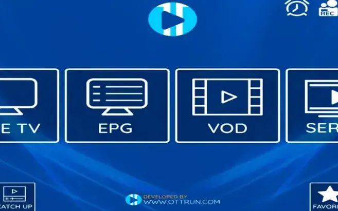 Interface de player IPTV com TV ao vivo, guia, filmes e séries