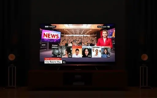 Televisão exibindo noticiário em sala escura